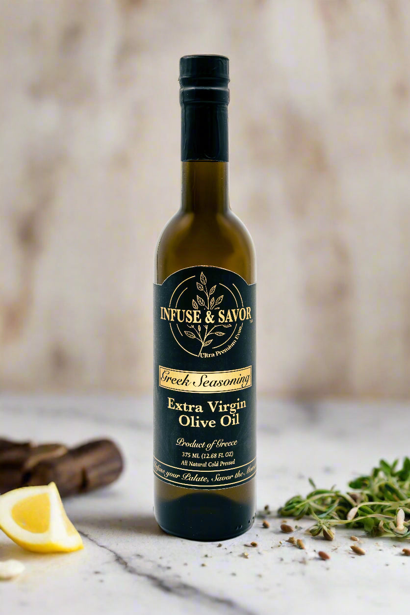 Bottle of Greek Seasoning Olive Oil by Infuse & Savor