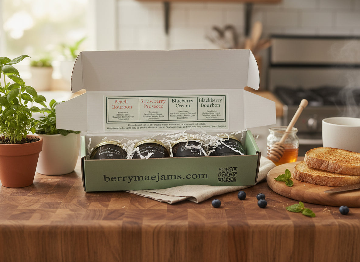 Four jars of Berry Mae jams in a box