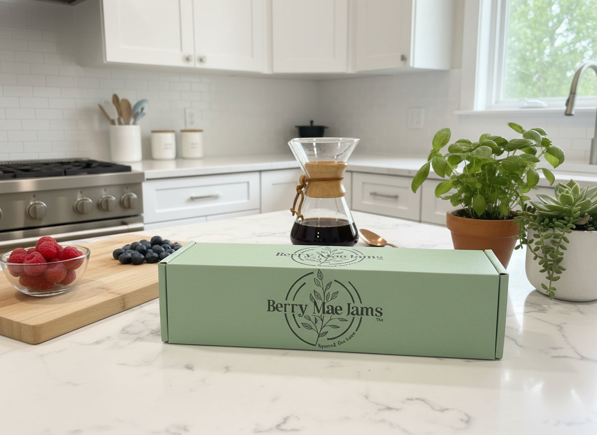 Green box with 'Berry Mae Jams' branding on a marble surface