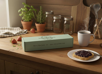 Green box with 'Berry Mae Jams' branding on a marble surface